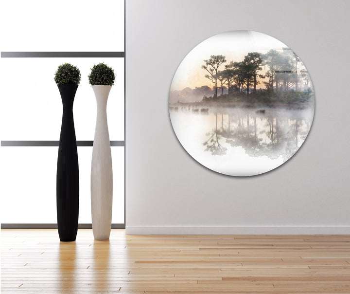 Tranquil nature art print featuring a peaceful misty sunrise over a calm lake.
