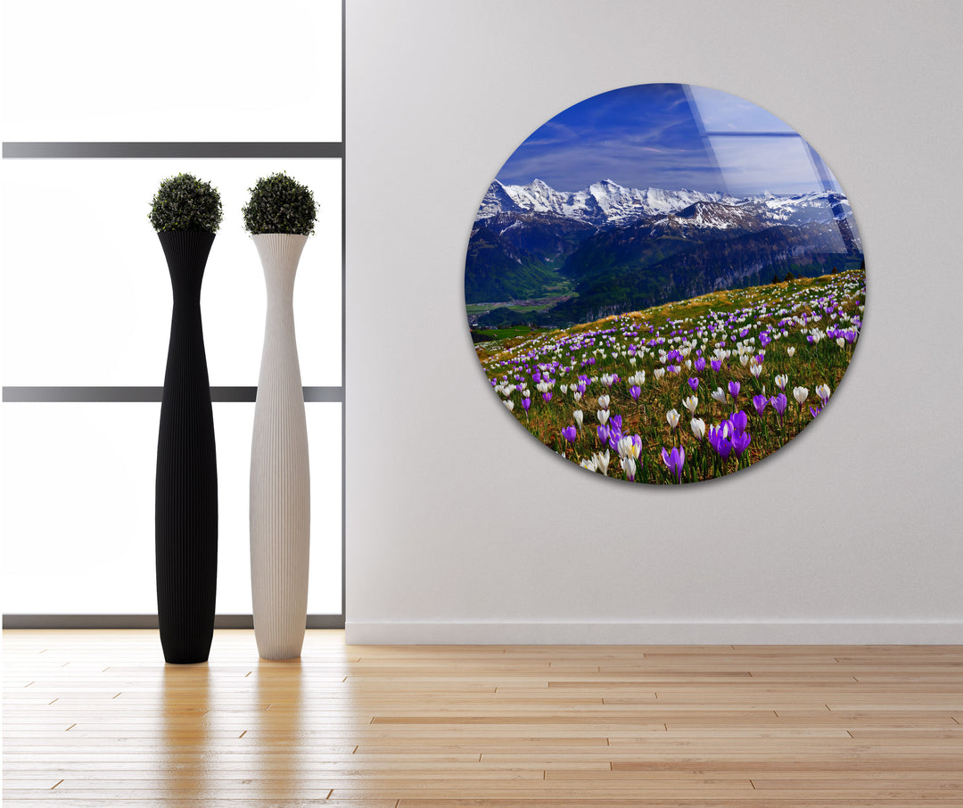 Alpine Meadow Glass Wall Art – Majestic Mountain & Blooming Wildflower Landscape