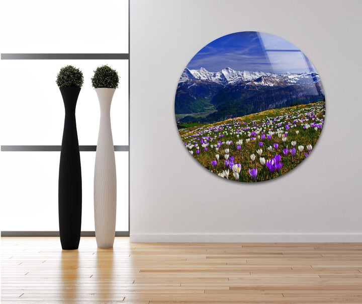 Alpine Meadow Glass Wall Art – Majestic Mountain & Blooming Wildflower Landscape