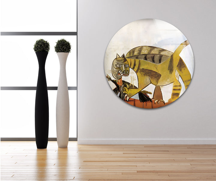 Cat Devouring a Bird by Pablo Picasso Glass Wall Art