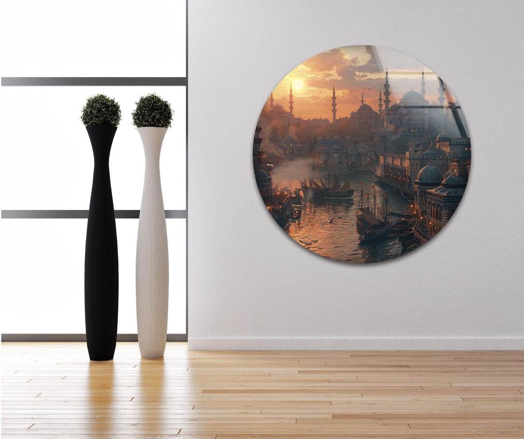 Sunset Istanbul in Ancient Times Glass Wall Art custom glass photo prints, large glass prints
