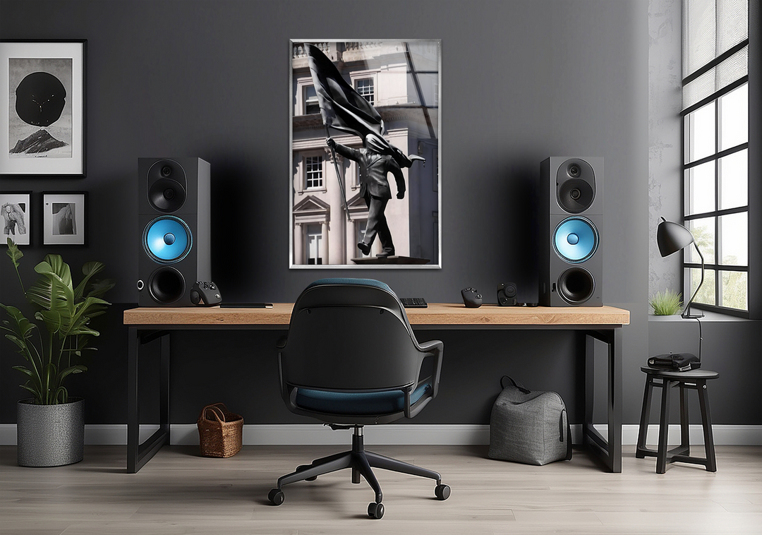 Visual rhythm is evident in the best glass art, depicting a dramatic wind-blown Banksy sculpture with a flag creating a striking, dynamic flow.