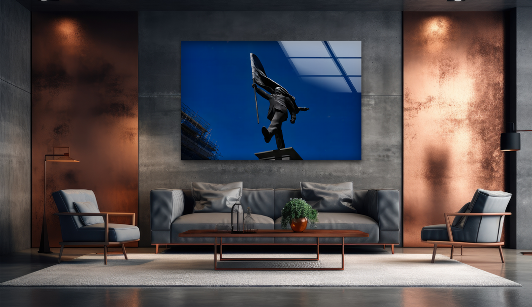 A plush light grey rug and a minimalist dark wood coffee table are featured in the foreground, complementing this unique modern wall decor.