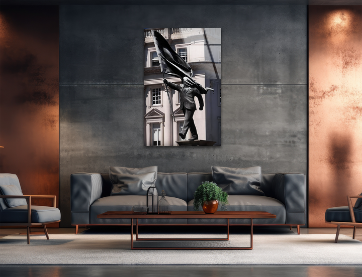The flowing, organic forms of the Banksy wind-blown flag sculpture captured as striking tempered glass wall art.