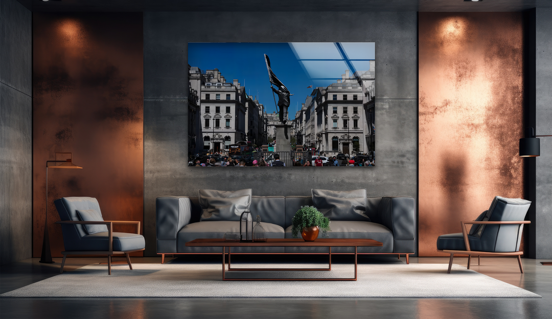 Vibrant blue skies in the glass wall art stand out against the room's deep grays and copper, creating unique modern wall decor.