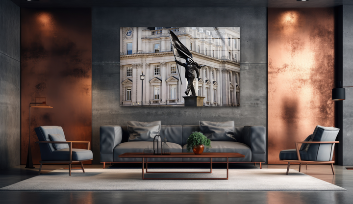 The dominant color scheme features warm copper accent walls and a majestic Banksy Freedom Statue London glass wall art, enhancing modern home decor.