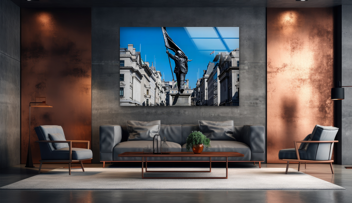 A glossy, highly reflective finish enhances the vivid blue sky and modern Banksy wall art prints of the Freedom March statue.