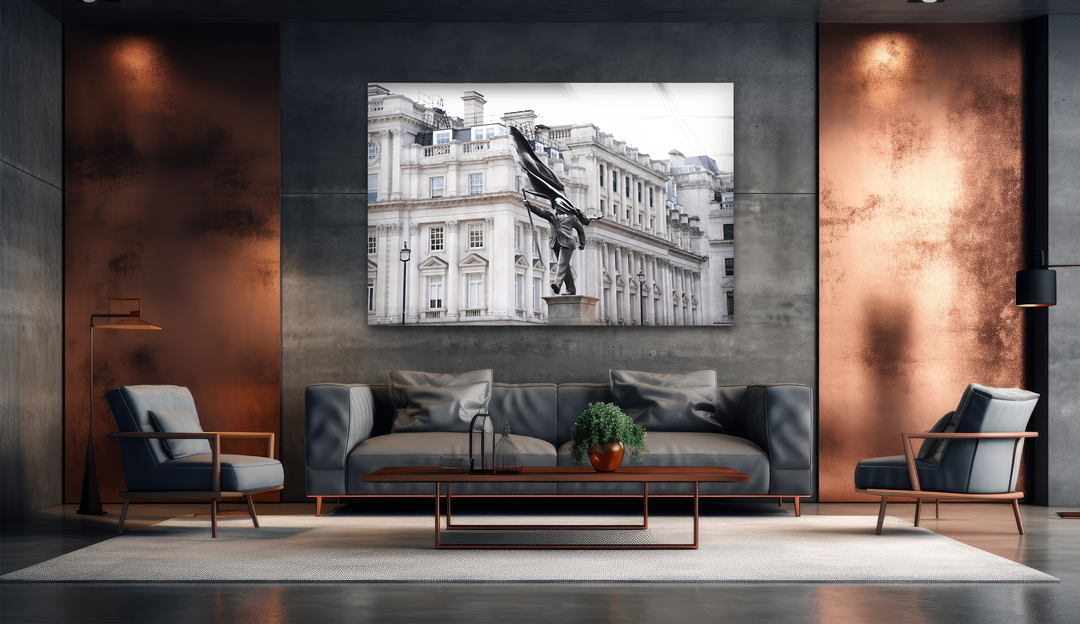 The impressive focal point features a striking Banksy Statue in London Glass Wall Art, enhancing modern home decor with urban elegance.