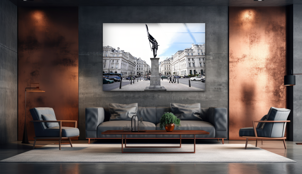 Contrasting warm copper wall panels and cool grey concrete create a modern color temperature, enhancing the central grand city square print wall art.