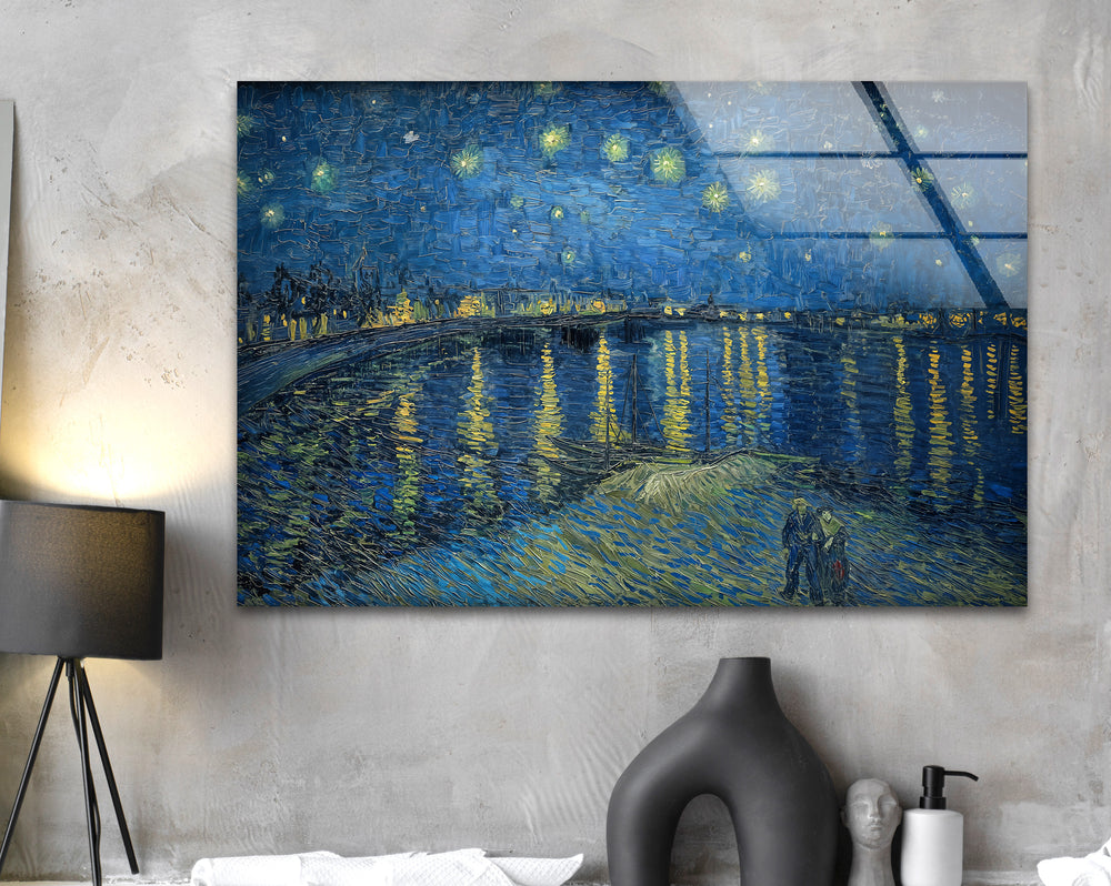 The dramatic interplay of brilliant starlight and city lights casting shimmering reflections on the deep river surface defines this unique modern wall decor.