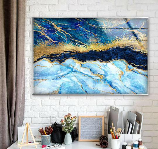 Stunning turquoise marble & gold veins glass art painting adds a luxurious and high-quality touch to any space.