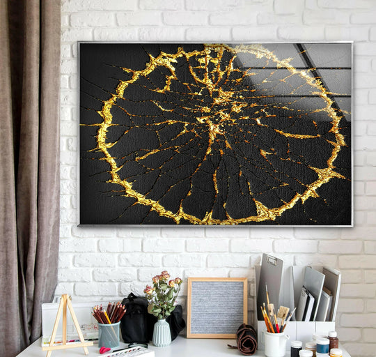 Stunning abstract print wall art showcases a dramatic transition from deep black to vibrant golden cracks.