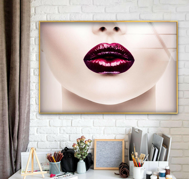 Rote Lippen Frau Cool Art Glas Wandkunst