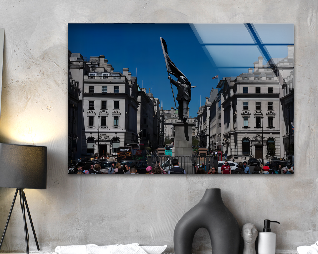 Stillness in London captures a prominent statue, stately buildings, and an active crowd on dynamic tempered glass wall art.