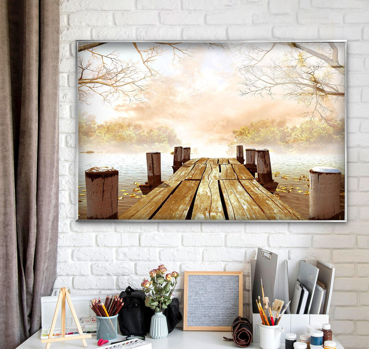 Wooden Pier Extending Over a Misty Lake – A Soothing Wall Art Piece
