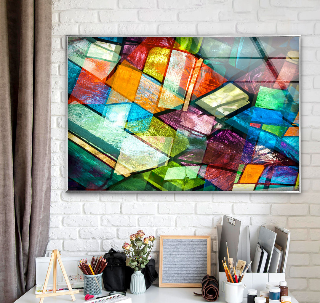 Stained Colorful Geometrics Glass Wall Art glass wall decor, glass wall art decor