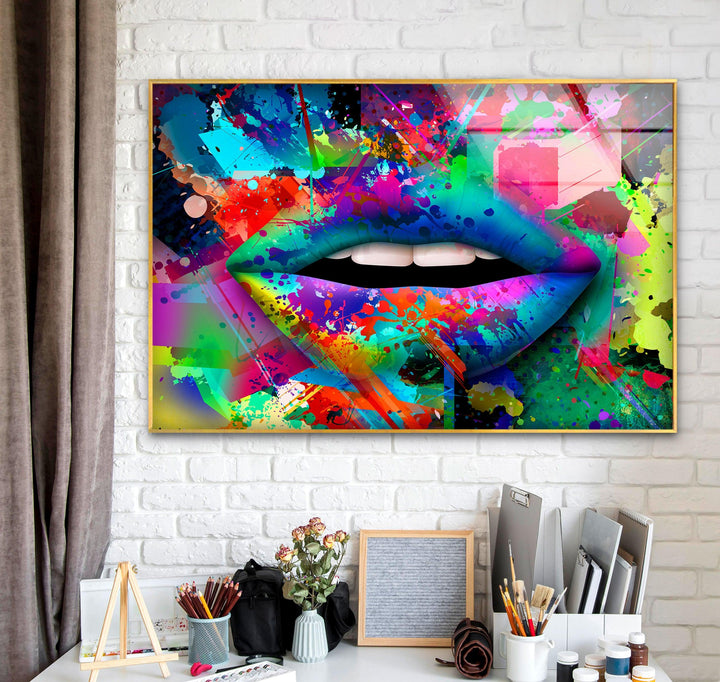 Wandbild „Farbspray-Lippen“ aus Glas