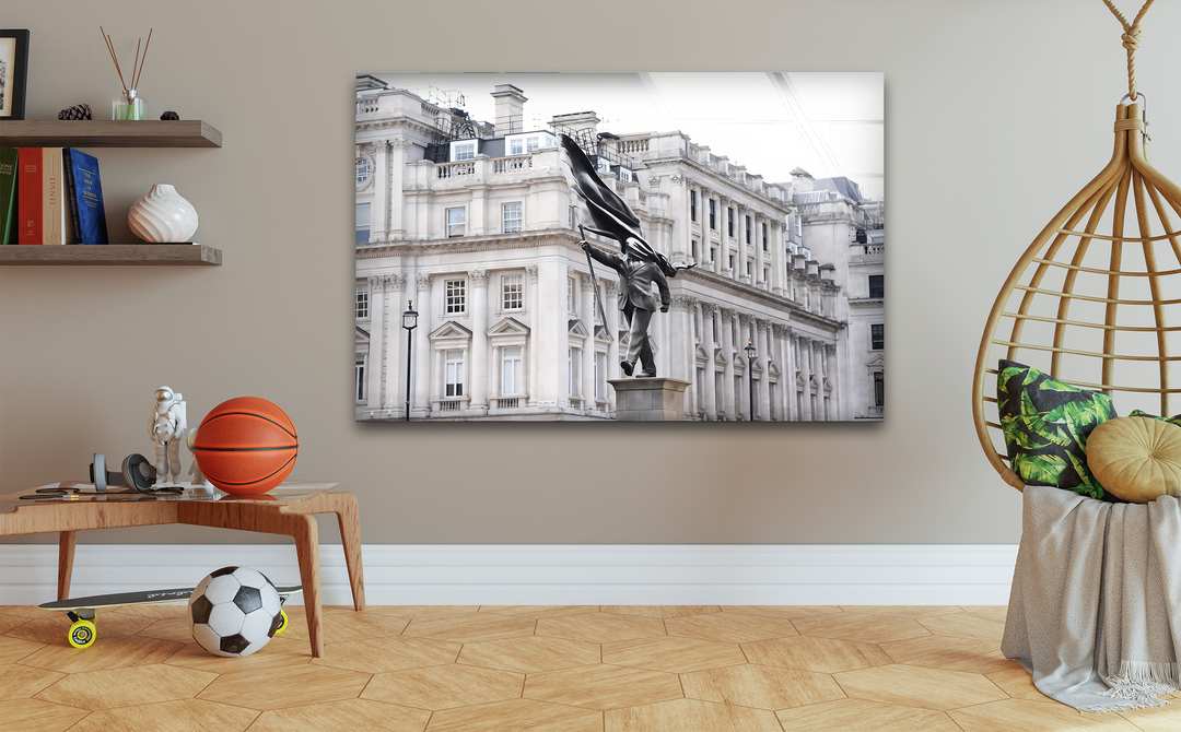 The stillness of the new Banksy Statue in London glass wall art establishes a tranquil atmosphere for modern home decor.