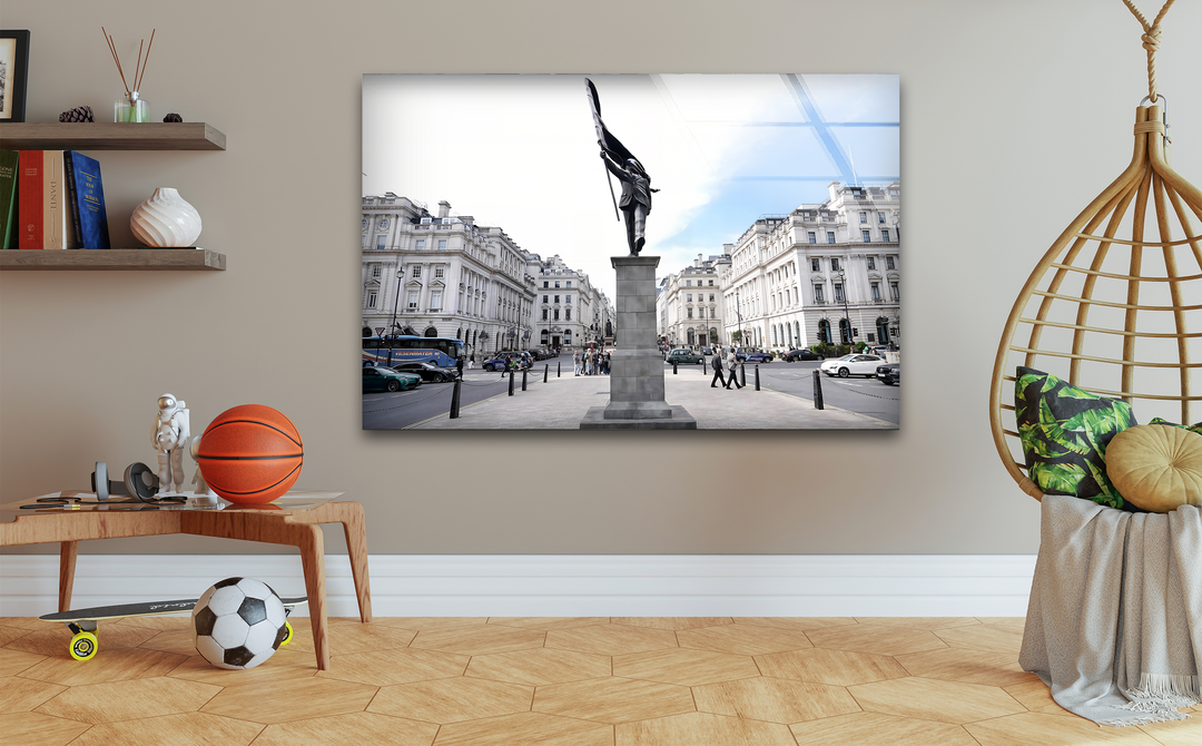 The sleek, clean edges of this wall art prints beautifully frame a striking city square freedom statue scene with classic architecture.