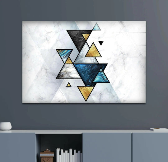 Embracing negative space, this geometric abstract marble wall art creates a modern, airy feel with marble textures and gold accents.