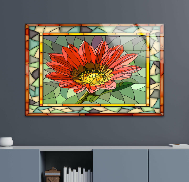 Red Mosaic Flower Stained Glass Wall Art custom glass pictures, glass art prints