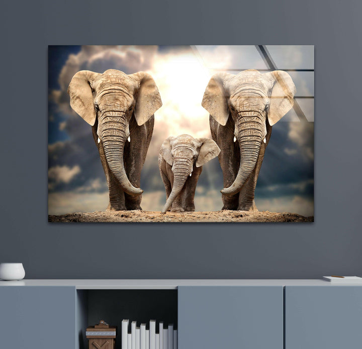 Safari Elephant Family Glass Wall Art print on glass, glass printed photos