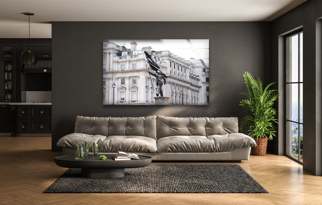 Dramatic light and shadow highlight the unique modern wall decor, a Banksy Statue in London Glass Wall Art.