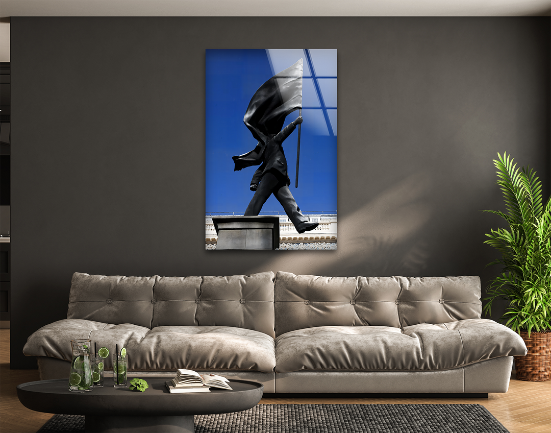 Crisp rectangular forms and intersecting lines define the unique geometric elements within this compelling Banksy flag statue wall art prints.