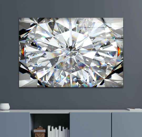 Cool white light and rainbow prisms refract across this striking diamond abstract glass wall art, the best glass art.