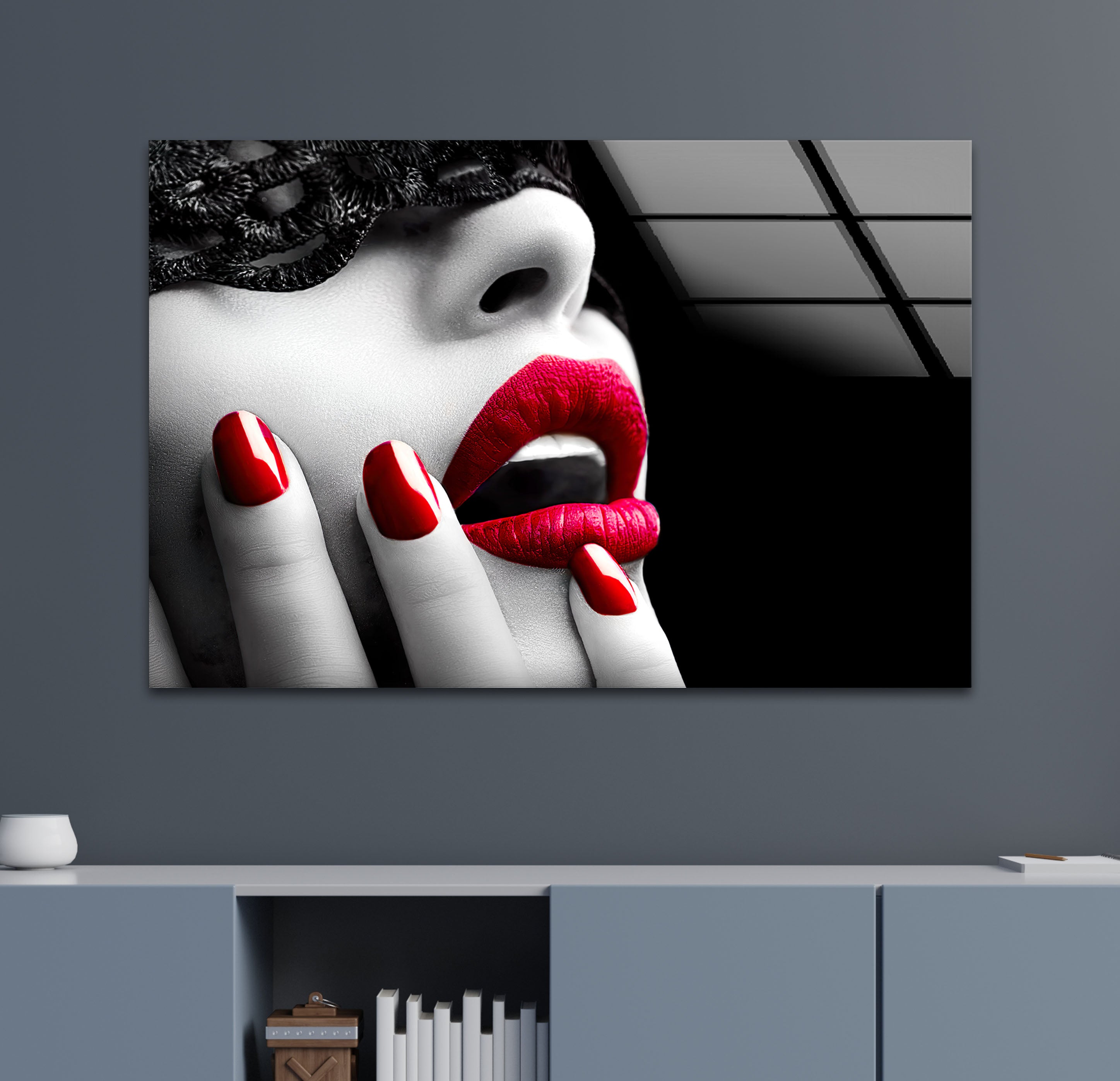 Red Lips Woman with Mask Tempered Glass Wall Art