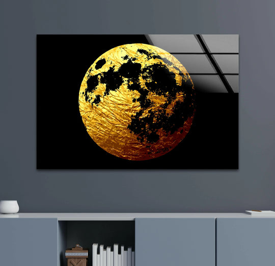 Space wall art golden moon glass wall art with black background and space prints