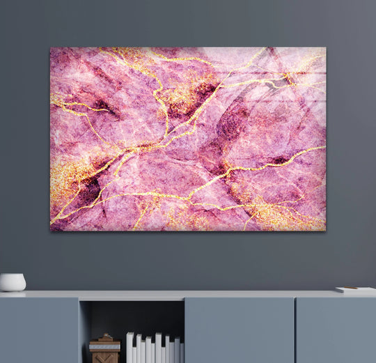 Vibrant pink marble forms with organic, flowing gold glitter veins adorn this stunning hanging wall art.