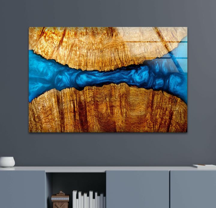 Wood and Blue Epoxy Pattern Glass Wall Art & Cool Home Decor
