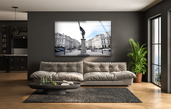 The background provides a sleek dark gray wall, a large window framing a city view, and a modern black kitchen, all for the glass wall art decor.
