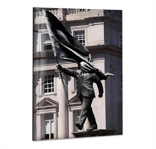The dynamic Banksy sculpture is presented with a high-gloss finish, creating a captivating unique modern wall decor piece.
