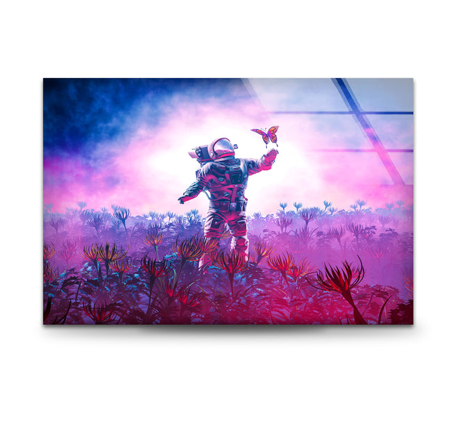 Astronaut Encountering Butterfly Tempered Glass Wall Art