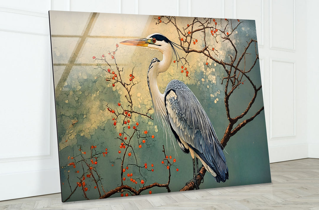 Blühende Gelassenheit – Reiher unter Blüten – Glaswandkunst
