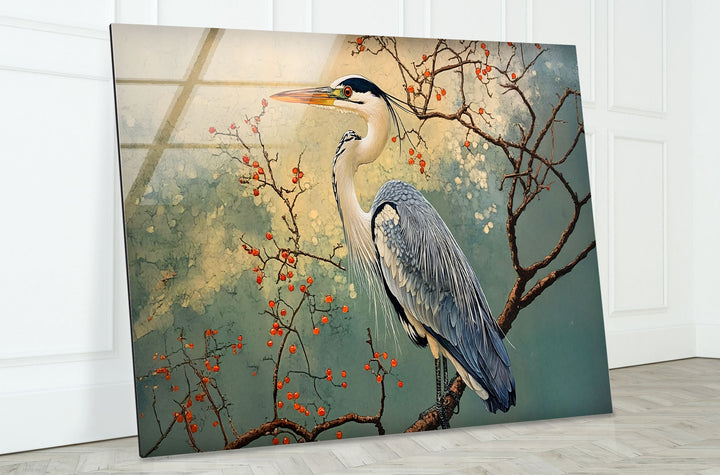 Blühende Gelassenheit – Reiher unter Blüten – Glaswandkunst