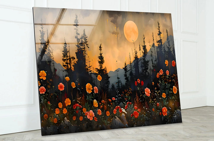 Full Moon & Flowers Glass Wall Art glass art painting, glass art for the Wall
