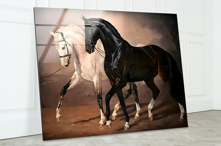 Black & White Horses Glass Wall Art custom glass pictures, glass art prints
