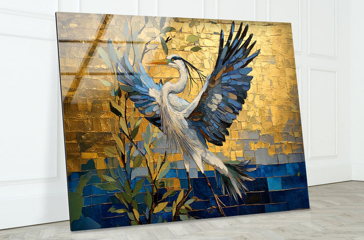 Golden Ascent – ​​Reiher im Flug – Glaswandkunst