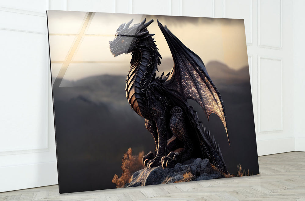 Powerful dragon perched in a serene environment, its wings shimmering in the light.
