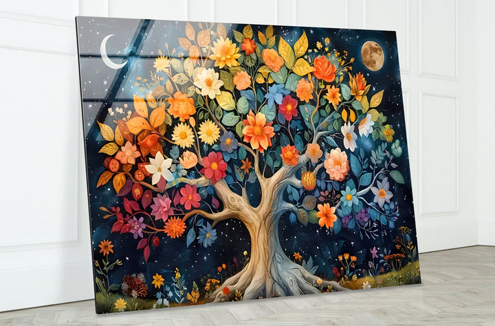 Colored Flower Tree Night Glass Wall Art custom glass pictures, glass art prints
