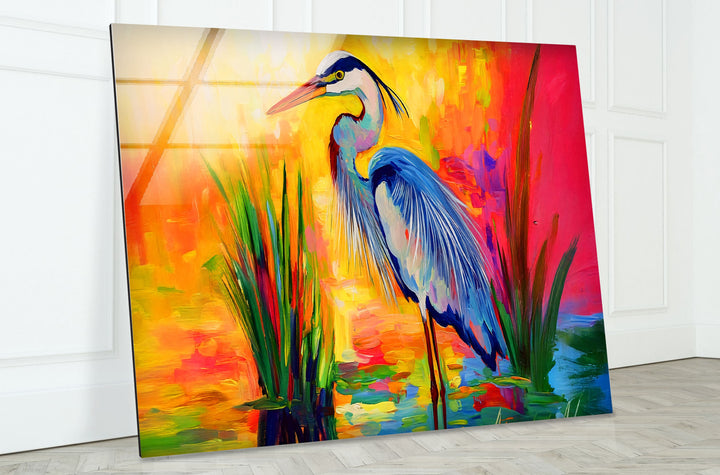 Lebendiger Reiher – Abstrakte Farbspritzer-Glaswandkunst