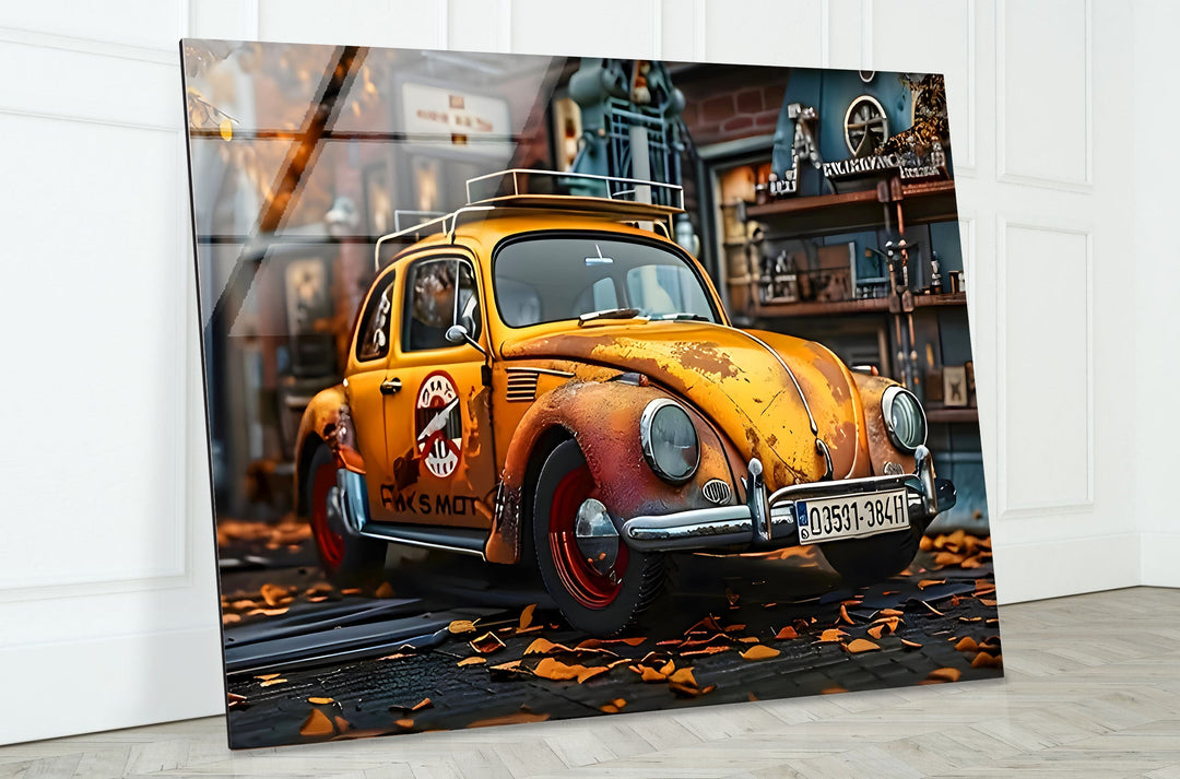 Old Volkswagen Car Glass Wall Art glass wall decor, glass wall art decor
