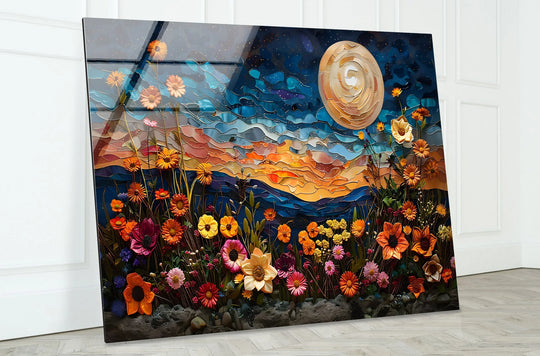 Vibrant glass wall art featuring a close-up of colorful flowers and pebbles, perfect for home decoration.