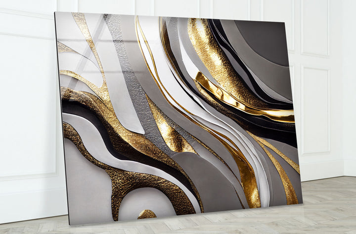 Luxuriöse Wandkunst in Silber und Gold – Abstrakter Glasdruck für Innenräume 
