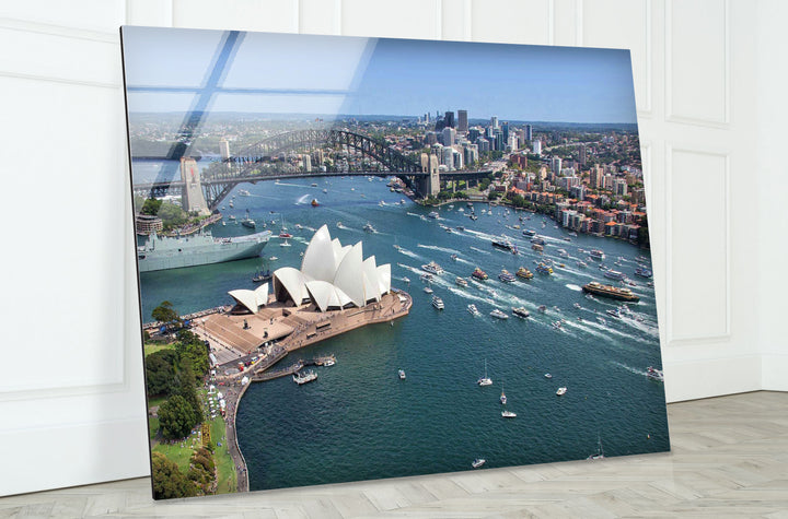 Glaswandkunst des Sydney Opera House – Ikonischer Blick auf Australiens Wahrzeichen und die Harbour Bridge