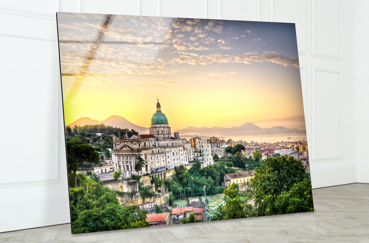 Glaswandkunst mit Blick auf die Skyline von Neapel bei Sonnenuntergang – Ikonisches italienisches Stadtbild mit Blick auf den Vesuv