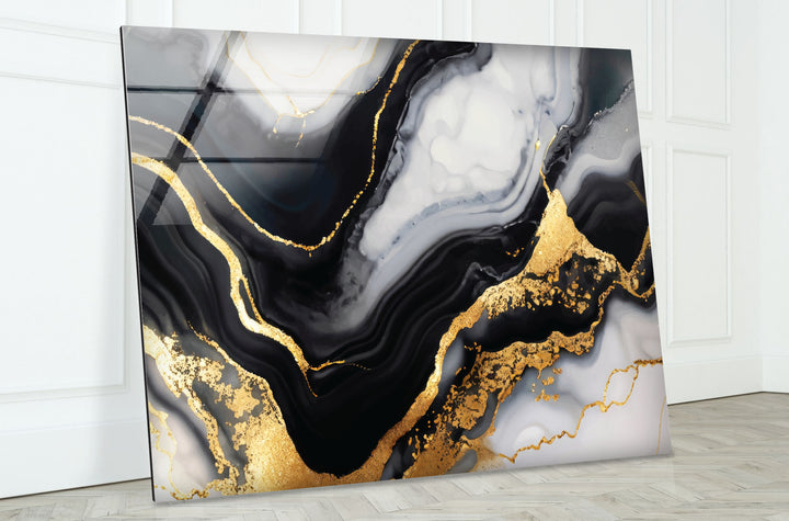 Schwarz-Gold-Marmor-Wandkunst – Luxuriöses abstraktes Glasdruck-Dekor 